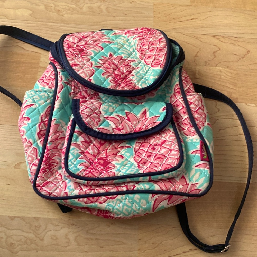 Pink, navy and green floral pineapple small backpack with front pocket
